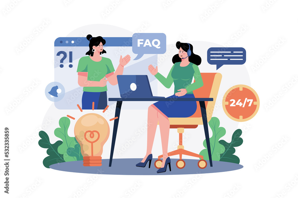 Service guide answers customer FAQ Illustration concept on white background Service guide answers customer FAQ Illustration concept on white background