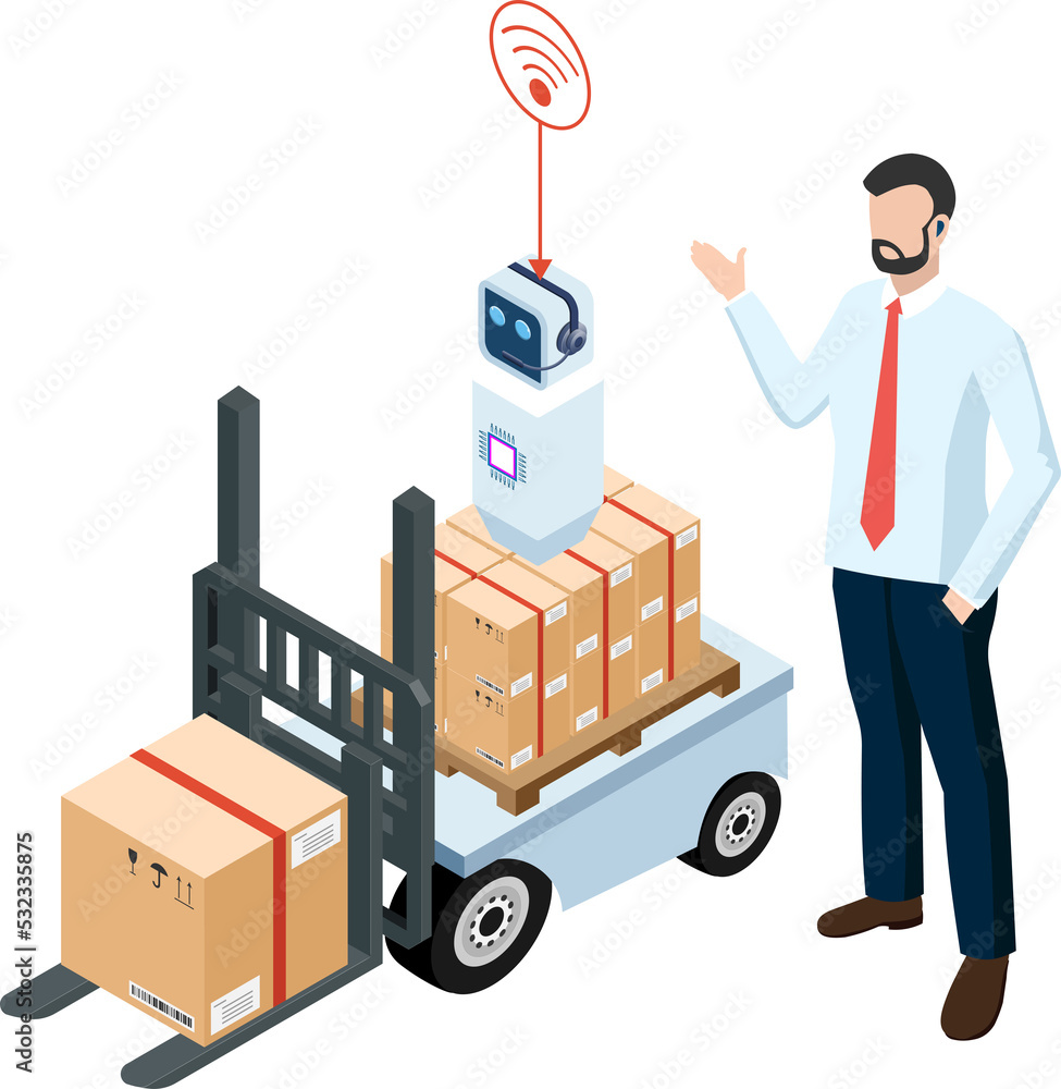 3D isometric Smart logistics concept with Forklifts powered by intelligent robots(AI) and Business man. Clipart Transparent PNG