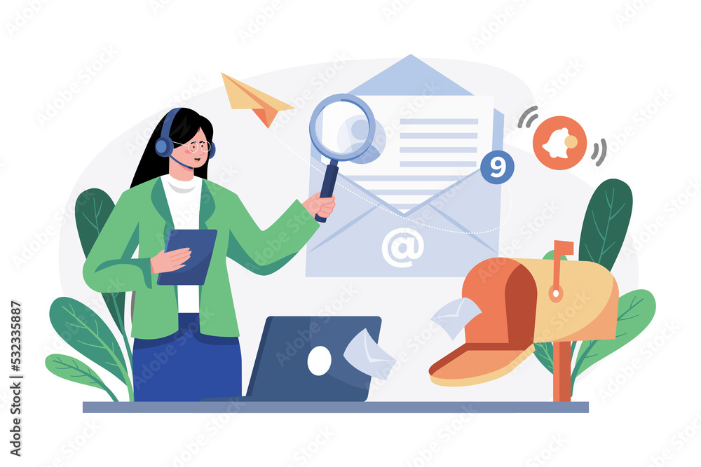 Developer with magnifying glass working with customer mail. Developer with magnifying glass working with customer mail.