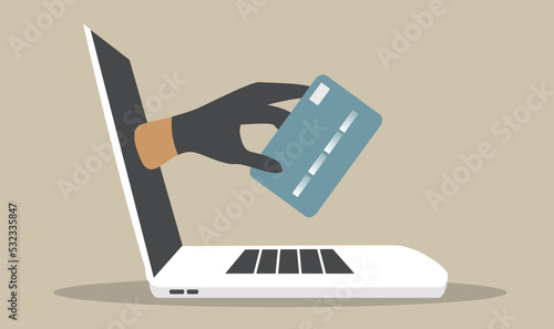 vector illustration in a flat style on the theme of fraud on the Internet. a hand in a black glove protrudes from the laptop screen and steals a bank card