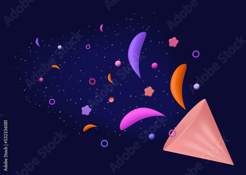3d night party, vector banner. Opening of the festival or event. Spectacular program, template for the big awards ceremony. Advertising, poster or invitation for the opening party with confetti.