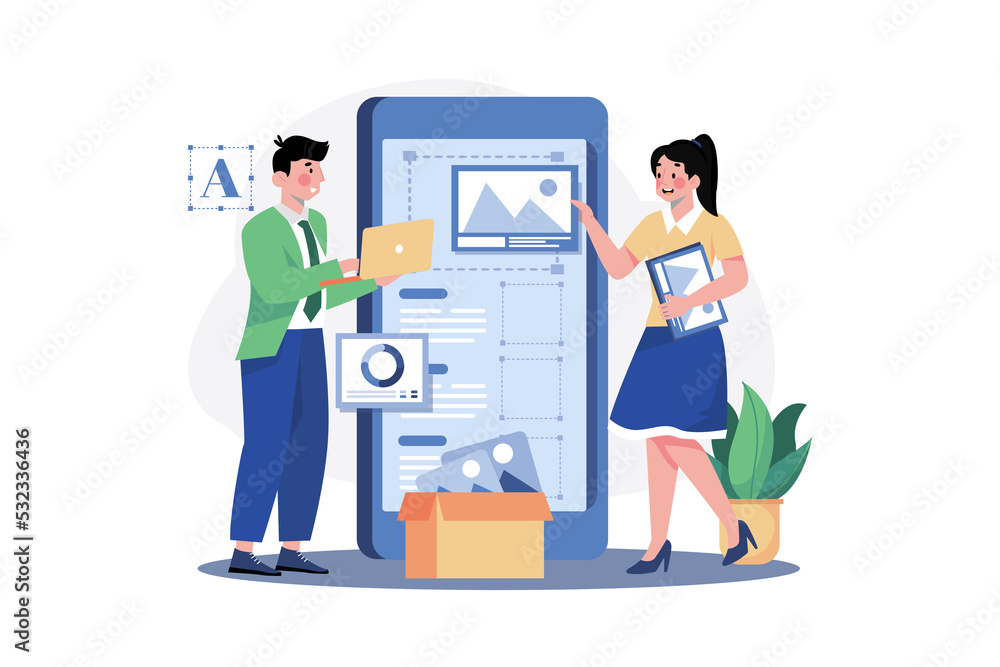 UX developer and UI designer brainstorming about mobile app. UX developer and UI designer brainstorming about mobile app.