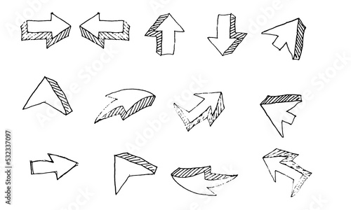 unique set collection arrow doodle on white background. Doodles on white. Black and white illustration