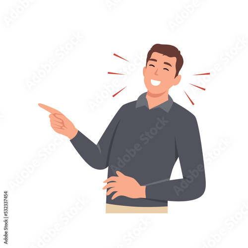 Young man laughing while pointing. Flat vector illustration isolated on white background