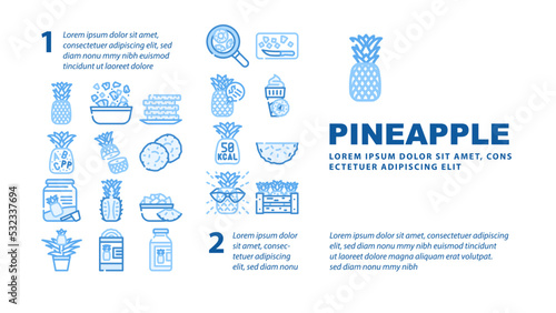 fruit pineapple slice cut food landing web page header vector. white fresh tropical yellow sweet ananas, leaf, piece summer juicy half ripe dessert fruit pineapple slice cut food Illustration