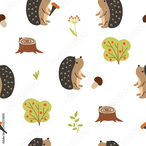 Cute seamless pattern with hedgehog  mushrooms and trees. Hand drawn vector illustration for your design.