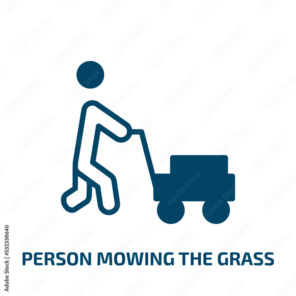 person mowing the grass icon from people collection. Filled person mowing the grass, yard, cutter glyph icons isolated on white background. Black vector person mowing the grass sign, symbol for web