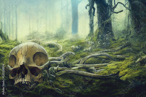Skull and remains of a creature unknown to science in a forest clearing. Realistic digital illustration. Fantastic Background. Concept Art. CG Artwork.