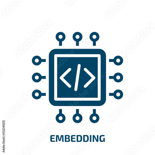 embedding icon from technology collection. Filled embedding, technology, card glyph icons isolated on white background. Black vector embedding sign, symbol for web design and mobile apps