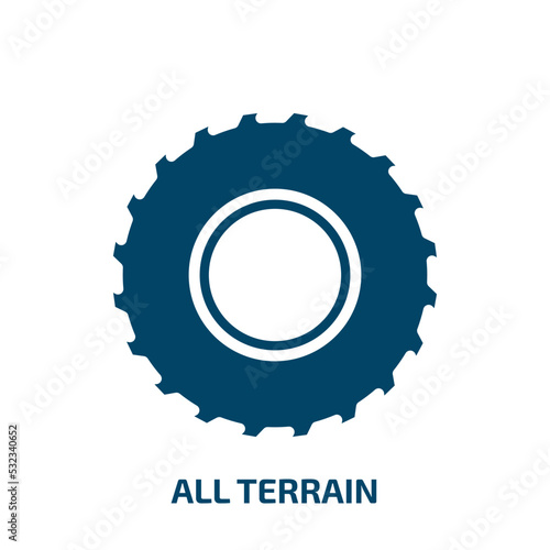 all terrain icon from transportation collection. Filled all terrain, terrain, extreme glyph icons isolated on white background. Black vector all terrain sign, symbol for web design and mobile apps