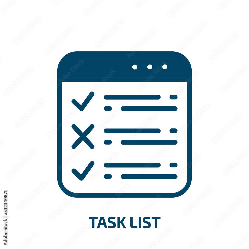 task list icon from user interface collection. Filled task list, list, task glyph icons isolated on white background. Black vector task list sign, symbol for web design and mobile apps task list icon from user interface collection. Filled task list, list, task glyph icons isolated on white background. Black vector task list sign, symbol for web design and mobile apps