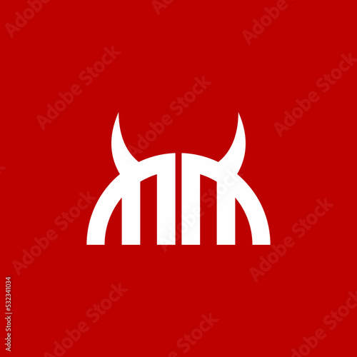 Half circle of mirrored letter M with devil horn ornament for initial logo or identity.