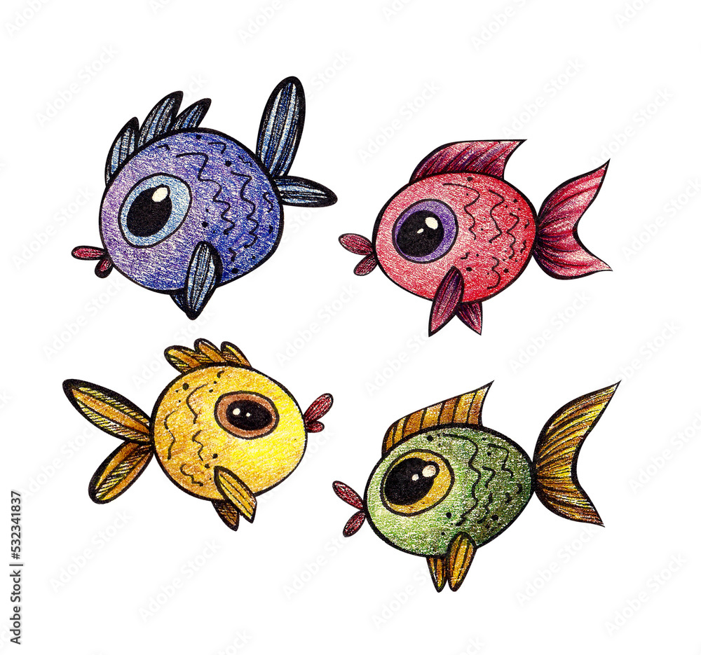 fish . marine set. doodle illustration with watercolor pencils isolated on white background. for printing stickers, cards, icons, logo, print. 