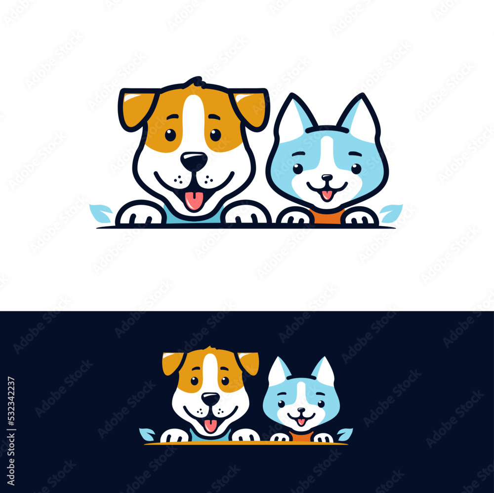 Cartoon dog and cat smiling faces vector logo illustration Cartoon dog and cat smiling faces vector logo illustration