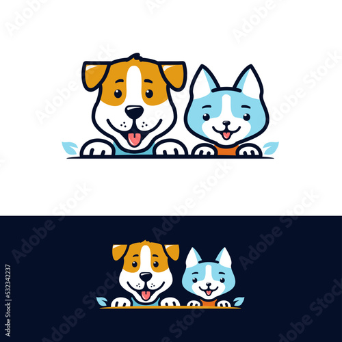 Cartoon dog and cat smiling faces vector logo illustration