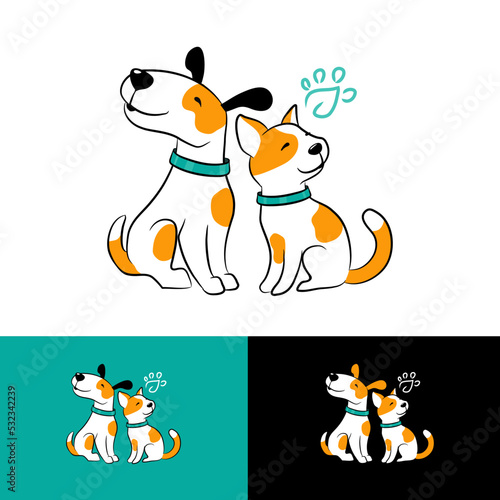 Cartoon dog and cat smiling siting vector illustration on various backgrounds