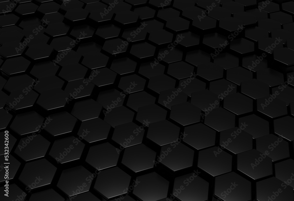 Abstract background of black hexagons of different heights. Sci-fi theme in the field of technology for design. 3d rendering, Illustration, horizontal orientation, copy space Abstract background of black hexagons of different heights. Sci-fi theme in the field of technology for design. 3d rendering, Illustration, horizontal orientation, copy space