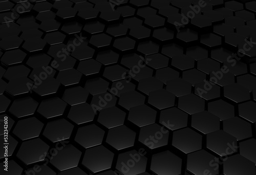 Abstract background of black hexagons of different heights. Sci-fi theme in the field of technology for design. 3d rendering, Illustration, horizontal orientation, copy space
