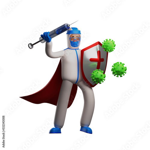 3D illustration. 3D super hero Paramedic with Cartoon Illustration of Hazmat luchando contra el virus. raised a large sunitk with one hand photo