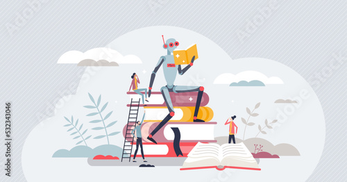 Machine learning as robot reading books with AI tech tiny person concept. Artificial intelligence mind development with self growth and automatic data gathering vector illustration. High tech cyborg.