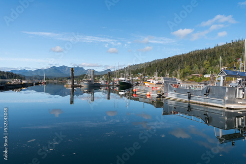 Reflections in the habor in Queen Charlotte City on Hadai Gwaii island in British Columbia, Canada