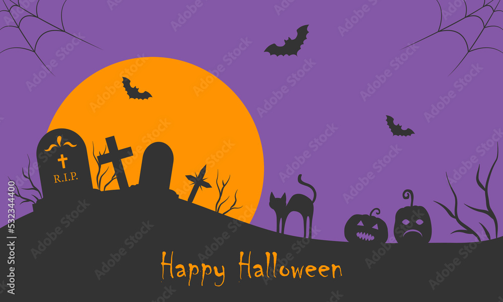 Happy Halloween banner with the silhouette of the cemetery against the background of the moon