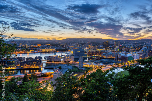 The skyline of the norwegian capital Oslo after a beautiful sunset photo