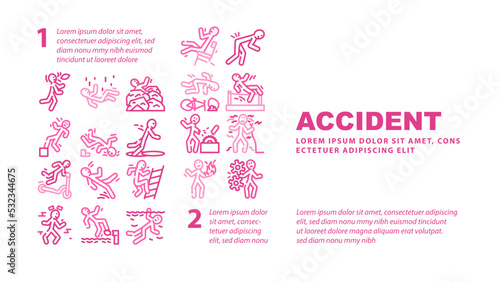 accident injury man person landing web page header vector. human car crash, fail safety, road danger, slip caution, work risk traffic accident injury man person Illustration