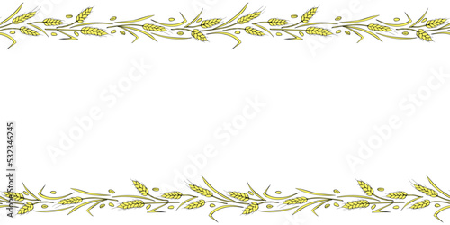 Vector Background, frame made of golden wheat or rye ears in doodle flat style. Horizontal top and bottom edging, border, decoration on theme of bakery products, flour, harvest, thanksgiving