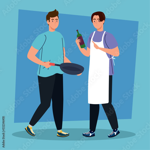 men cooking with pan