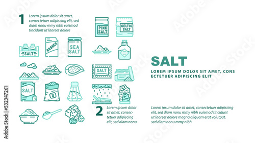 salt sea food crystal powder landing web page header vector. spice white, sodium seasoning, bowl mineral pile, shaker, cooking salty ingredient salt sea food crystal powder Illustration