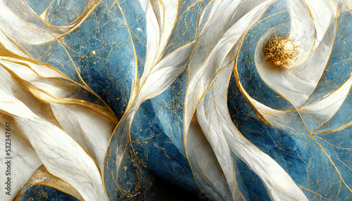 Abstract luxury marble background. Digital art marbling texture. Blue, gold and white colors. 3d illustration