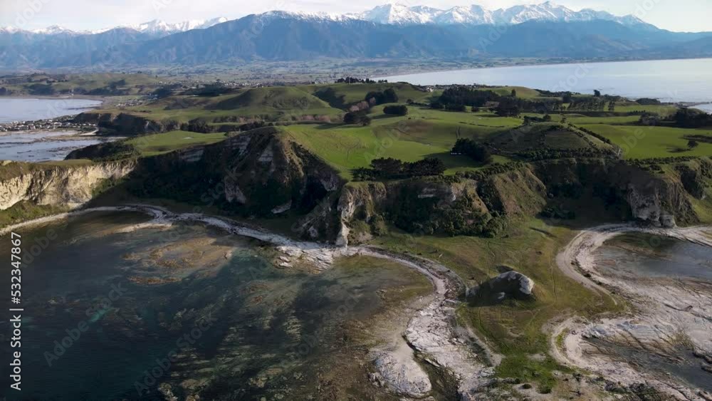 Beautiful aerial scenic landscape of New Zealand. Kaikoura Peninsula on seaside and mountain range. Beautiful aerial scenic landscape of New Zealand. Kaikoura Peninsula on seaside and mountain range.