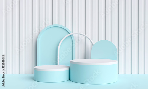 Platforms pastel. minimal scene with blue two podiums. Abstract geometric circle background. for trade show Cute, baby accessories, fashion, cosmetics, or beauty products. 3D rendering