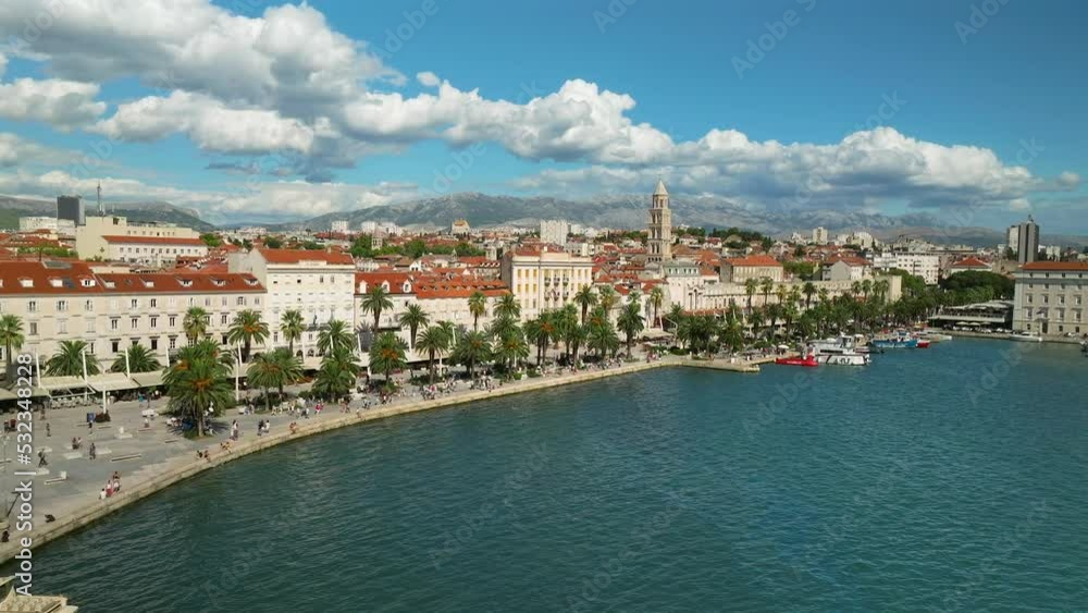 Low aerial drone flight towards the Riva in Split, Croatia Low aerial drone flight towards the Riva in Split, Croatia