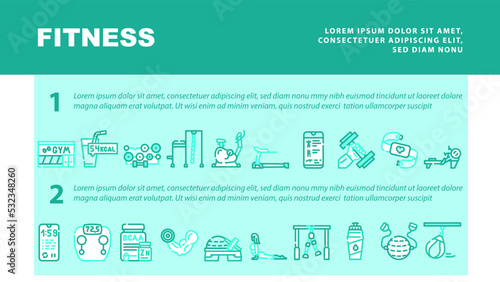 Fitness Gym Sportive Equipment landing web page header vector. Athlete Fitness Exercise On Rowing Machine And Bike, Nutrition For Muscle And Water Drink Bottle, Scale And Phone Color Illustrations