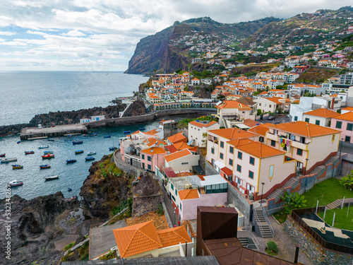 Madeira. Camara de Lobos Aerial View. Small fisherman village with many small boats in a bay. Madeira Island  Portugal.