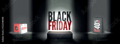 Black friday 40 persent discounts realistic vector banner template. Year biggest sale advert with 3d shopping bags on pedestals in spotlights. Trendy discount offer wide promo poster design
