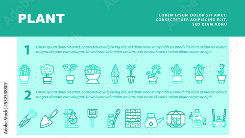 Potted Plant And Care Accessories landing web page header vector. Sansevieria Trifasciata And Citrus Tree, Monstera Deliciosa Buxus Sempervirens Potted Plant. Florarium Equipment Color Illustrations
