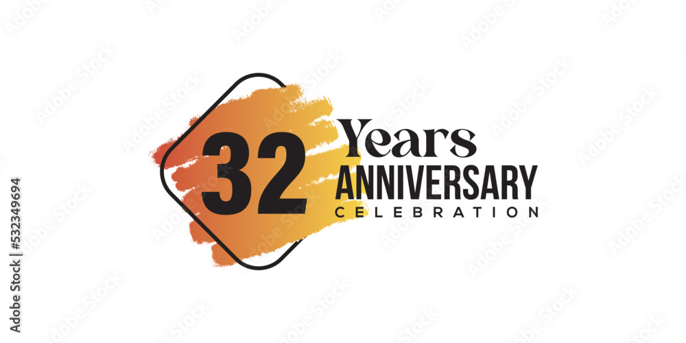 32 years anniversary celebration with orange brush and square isolated on white background for celebration event