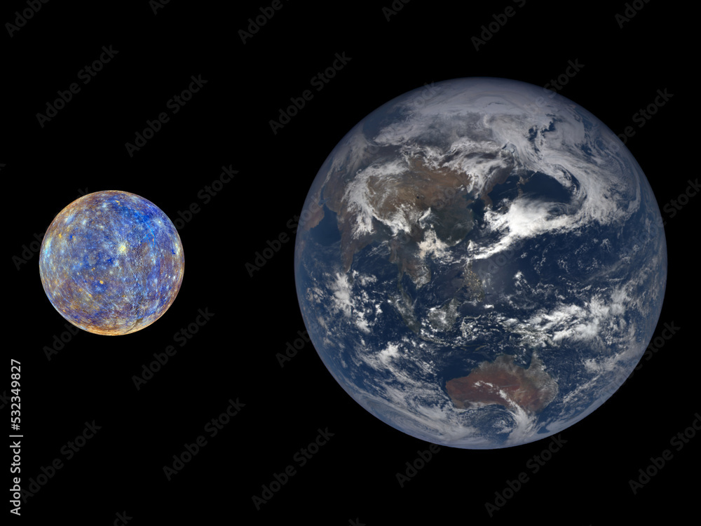 Accurate size comparison of Earth and Mercury. Planets of Solar System. Accurate size comparison of Earth and Mercury. Planets of Solar System.