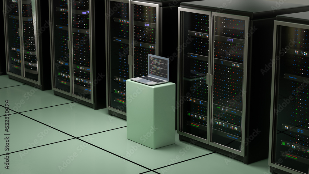 Server room. Server data center. Backup, mining, hosting, mainframe, farm and computer rack with storage information. 3d rendering Server room. Server data center. Backup, mining, hosting, mainframe, farm and computer rack with storage information. 3d rendering