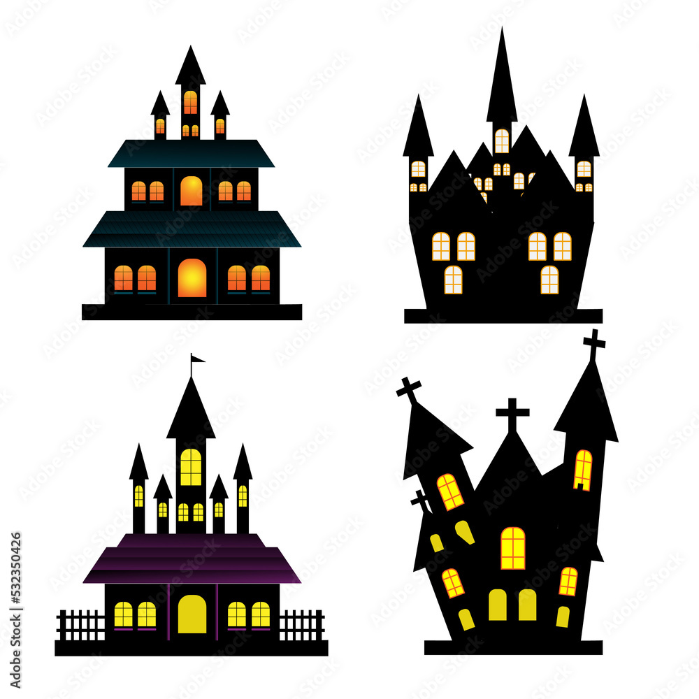 set scary haunted house on transparent background. Yellow Halloween haunted house silhouette design. Design for Halloween events.