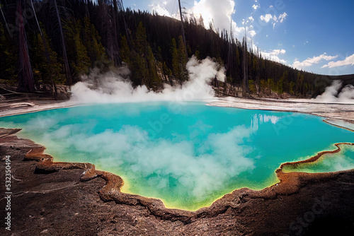 Beautiful thermal spring, geyser landscape. Hyper realistic digital painting. 3D illustration