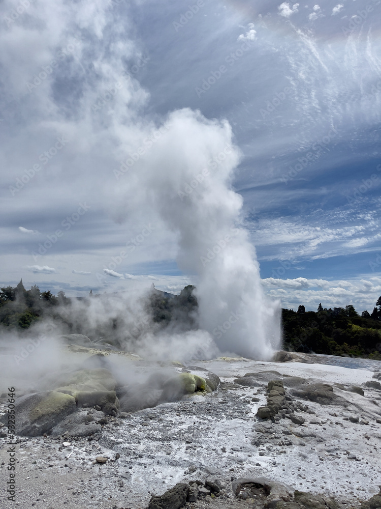 Geyser erupting into the sky at a geothermal park in Rotorua, New Zealand