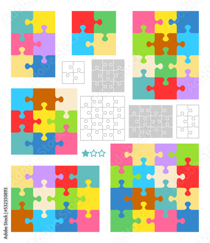 Jigsaw puzzle blank templates and colorful patterns of various dimensions. 