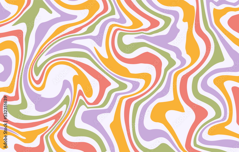 Abstract horizontal groovy background with colorful distorted waves. Trendy vector illustration in style retro 60s, 70s. Pastel colors