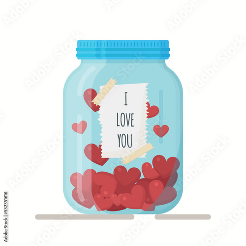 Vector illustration of a glass jar with love cards and notes. Valentine's Day design element. 