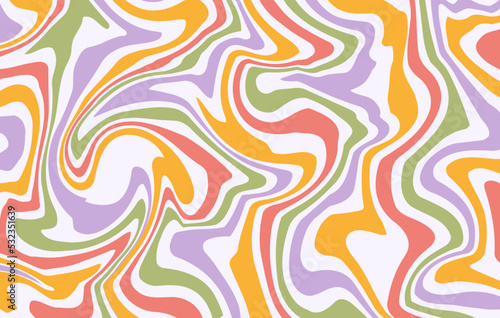 Abstract horizontal groovy background with colorful distorted waves. Trendy vector illustration in style retro 60s  70s. Pastel colors