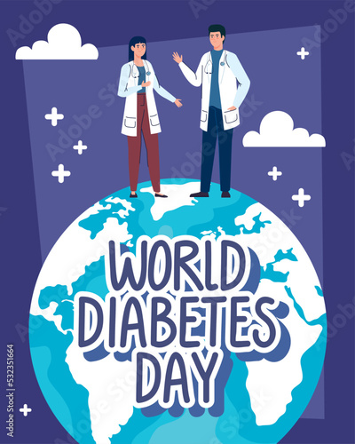 diabetes day lettering with doctors couple